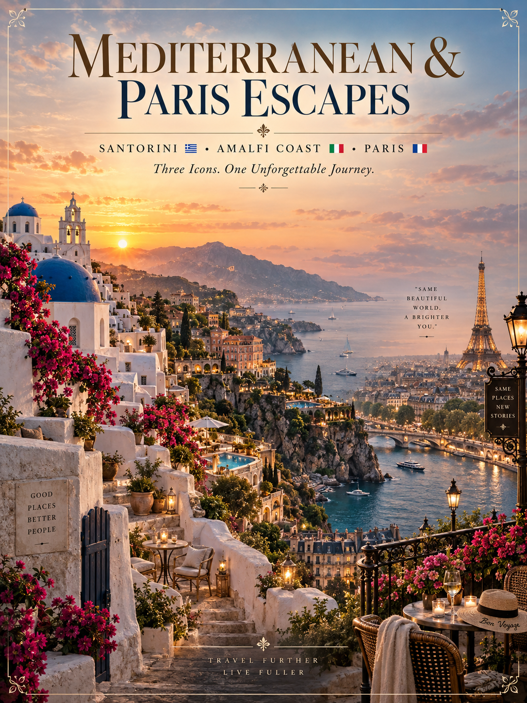 Affiche de voyage de luxe fusionnant Santorin, Amalfi et Paris