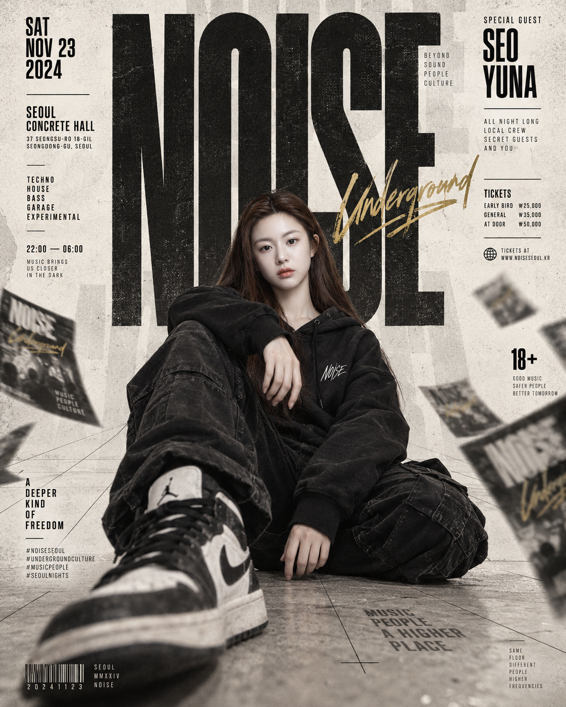 Áp phích nhạc underground với typography Thụy Sĩ và thẩm mỹ đường phố hiện đại