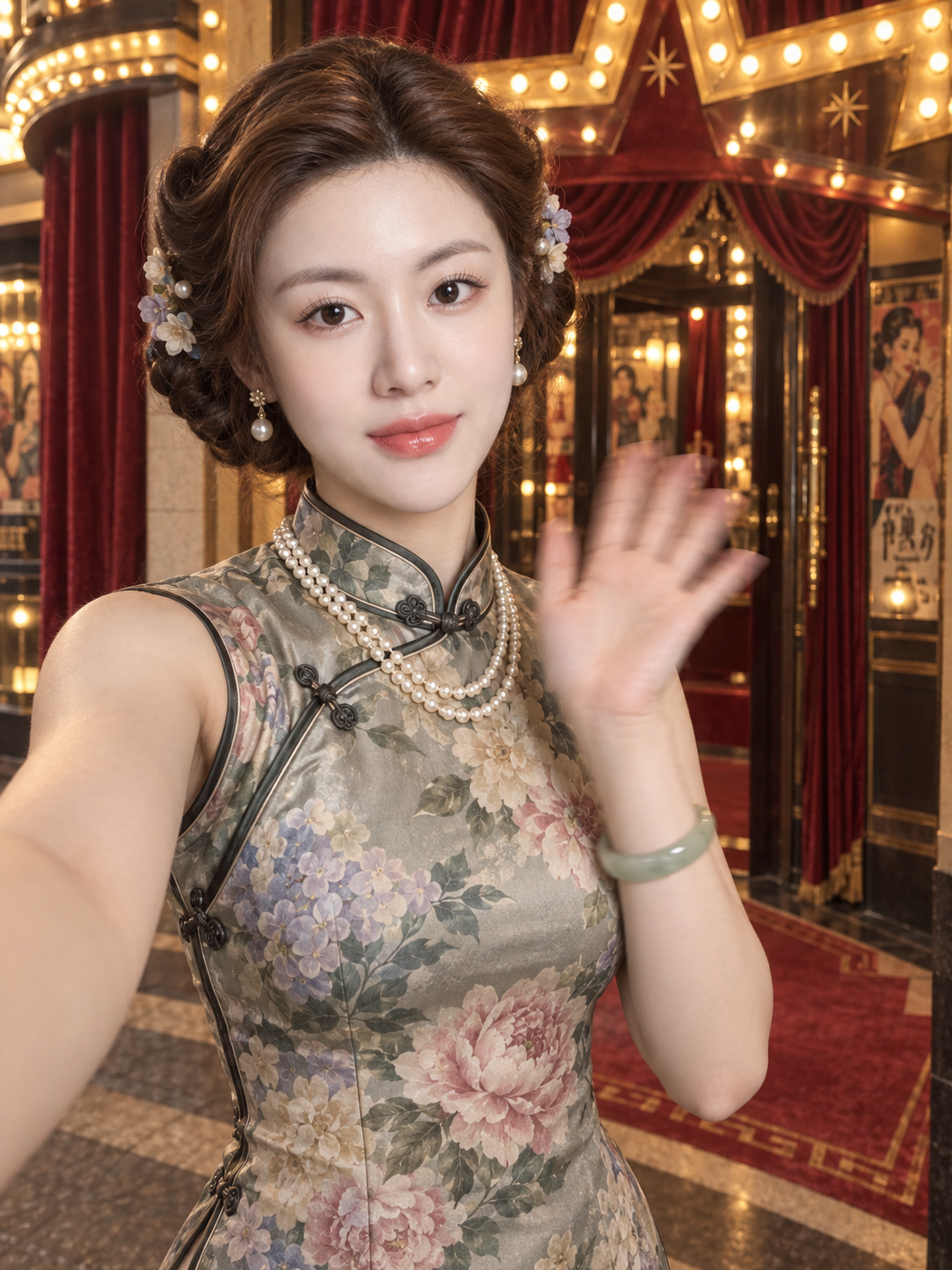 Selfie au théâtre d'une beauté en qipao de Shanghai vintage
