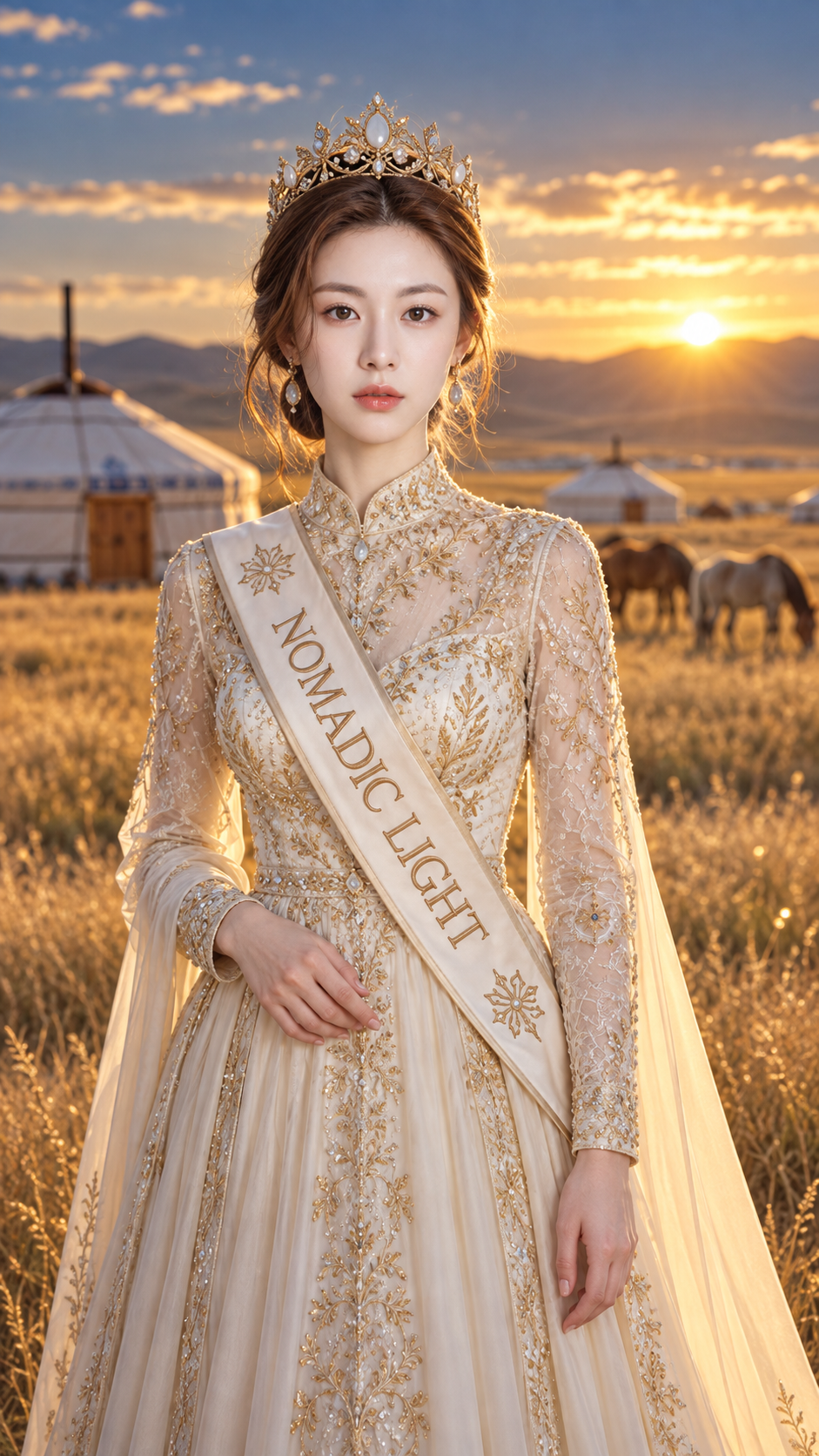 モンゴル草原の金色の夕日における成人女性のフォーマルポートレート — AI image creation