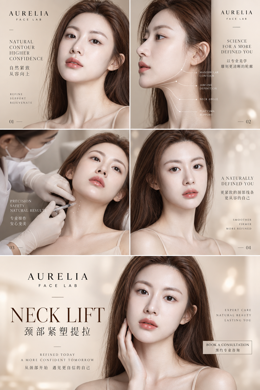 Poster phác thảo năm tấm về thẩm mỹ y tế cao cấp cho phụ nữ trưởng thành
