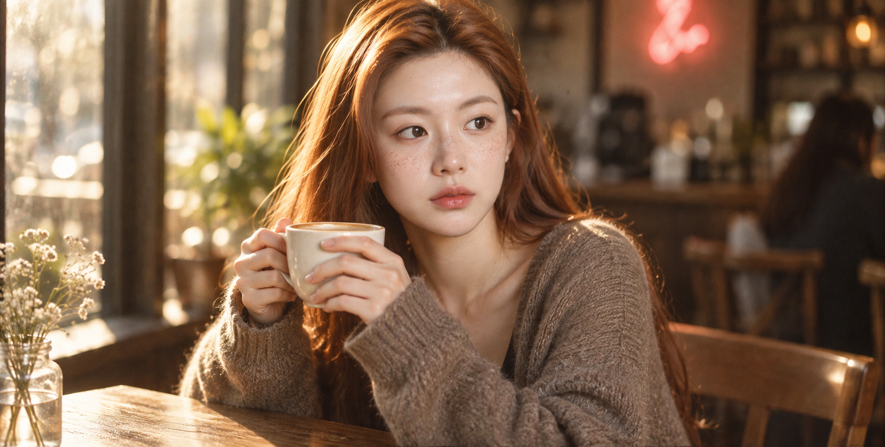 フィルム質感の赤毛のそばかす少女と都市のコーヒータイム