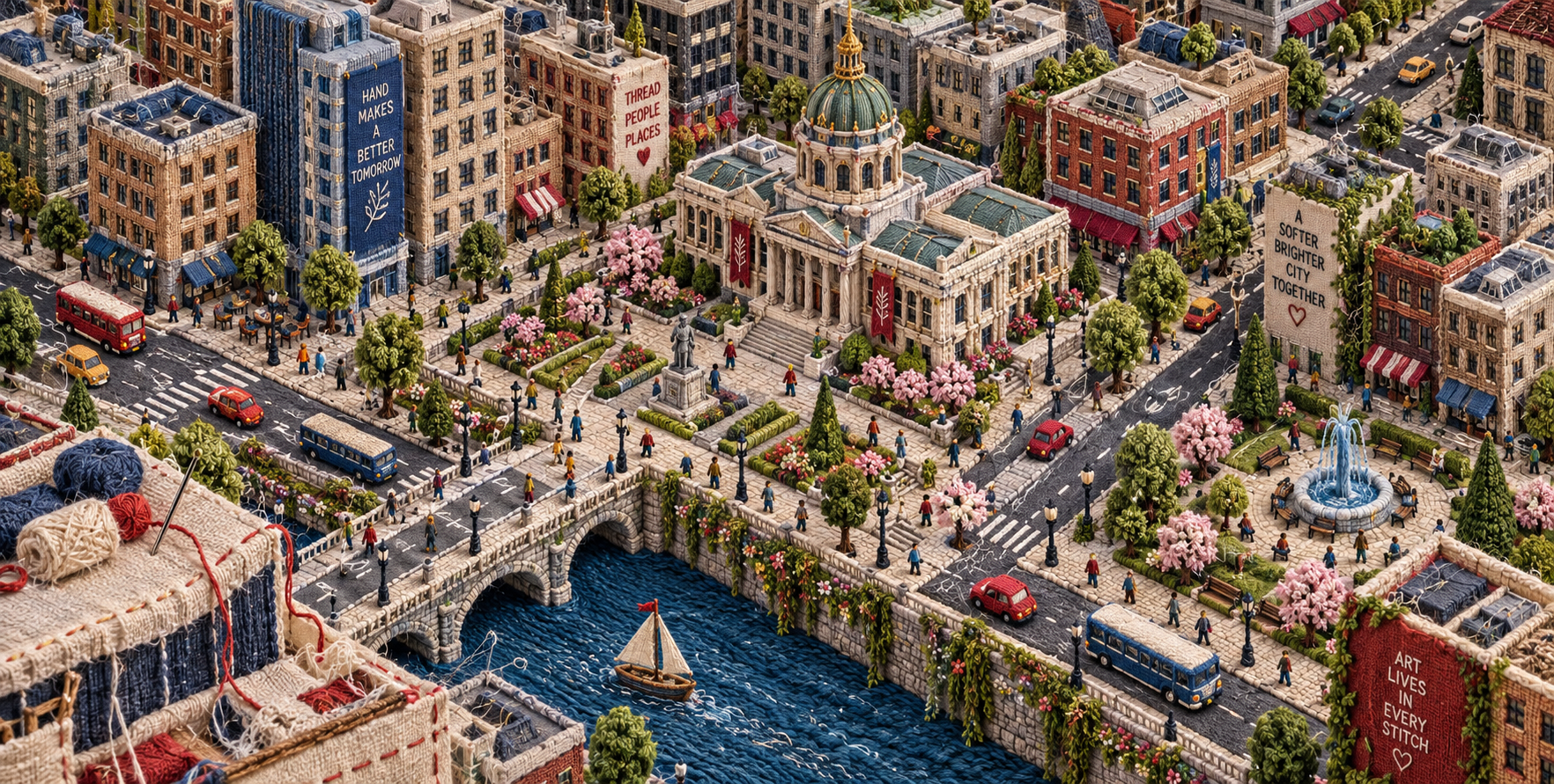 Hyperrealistic 3D Embroidered City Woven with Needle and Thread