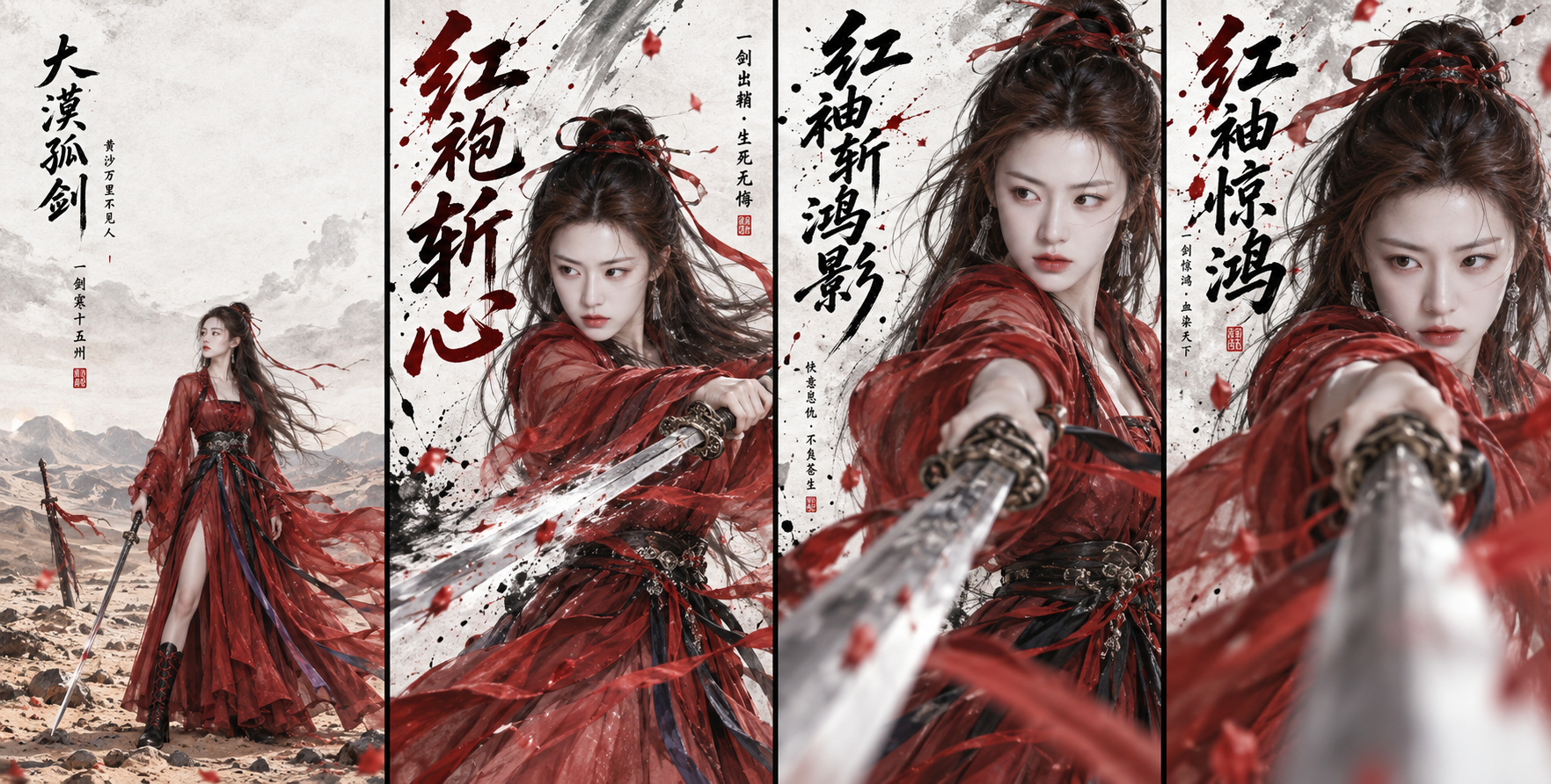 東洋風の紅衣の女侠を描いた水墨武侠ポスター