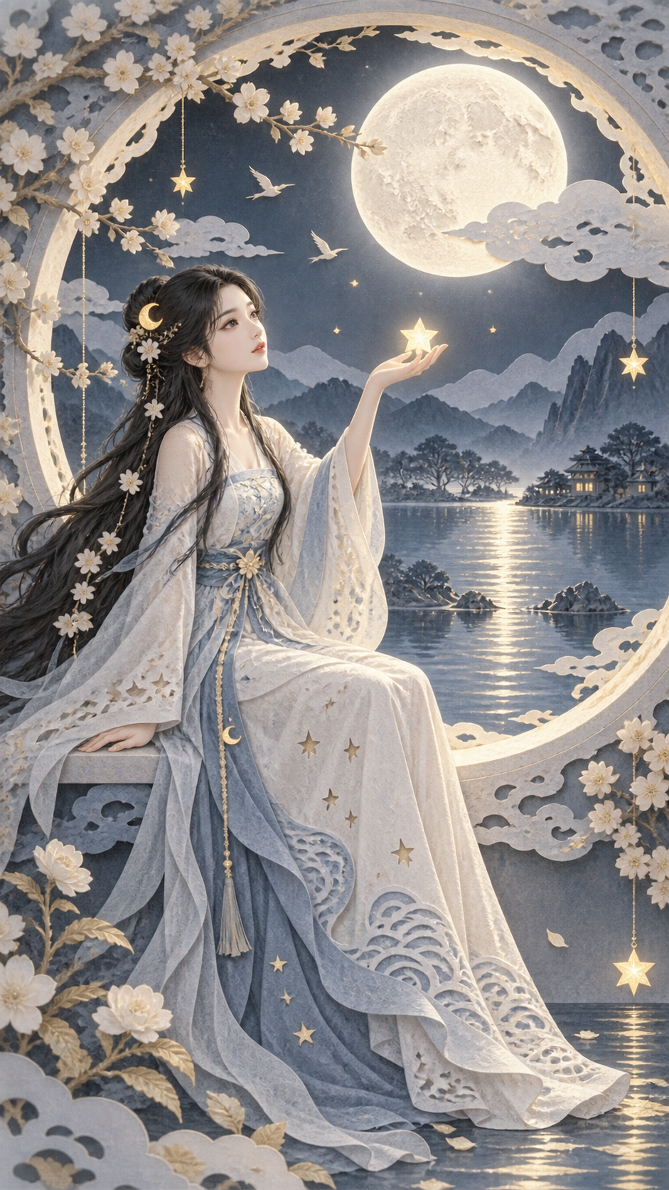 Femme orientale moderne en art papier 3D au clair de lune