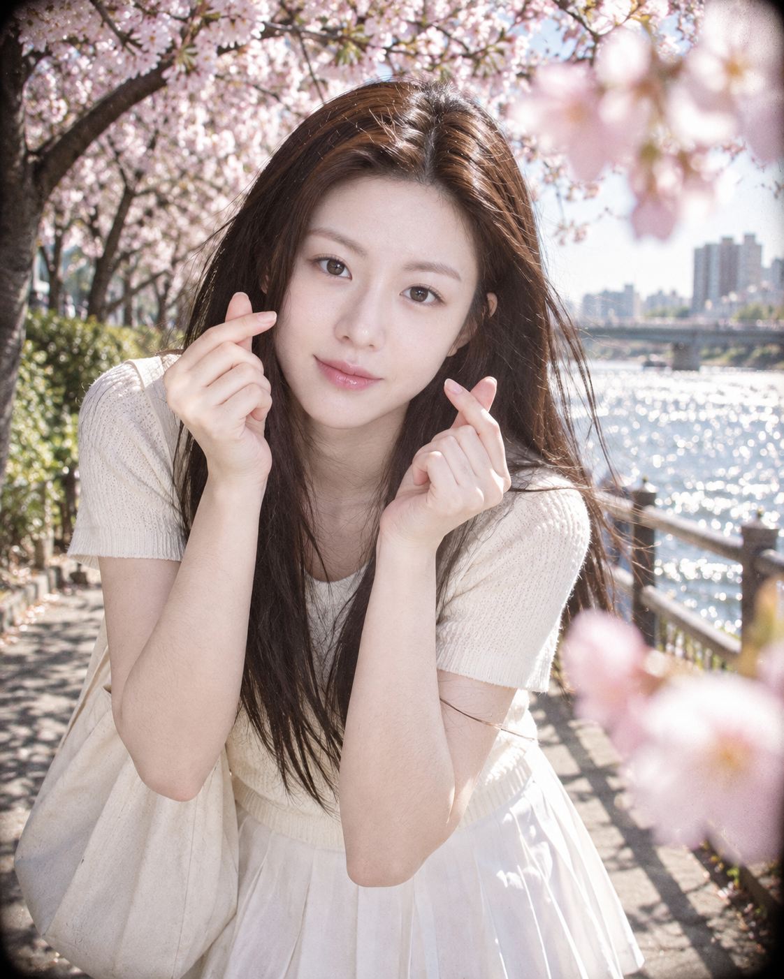 桜の川辺でインスタントカメラのポートレート
