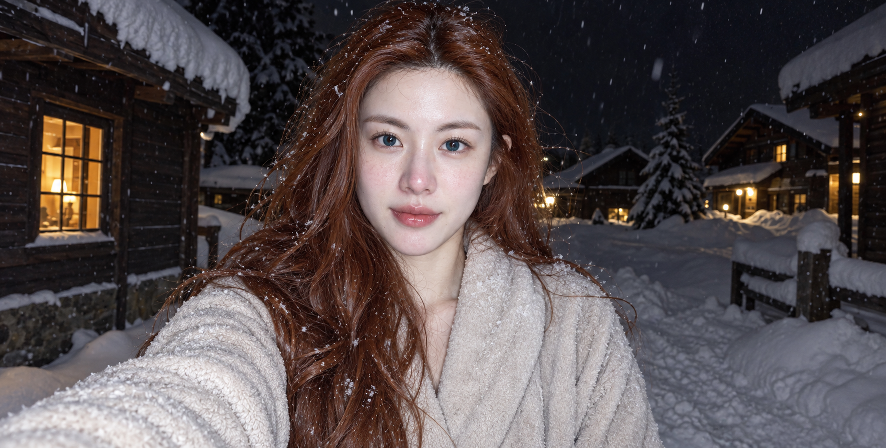 雪の夜、赤髪の少女がバスローブでフラッシュ撮影した高画質自撮り