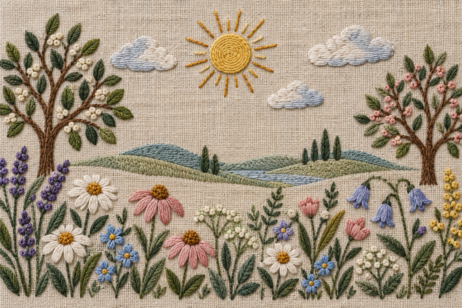 Panneau de broderie folklorique botanique sur lin