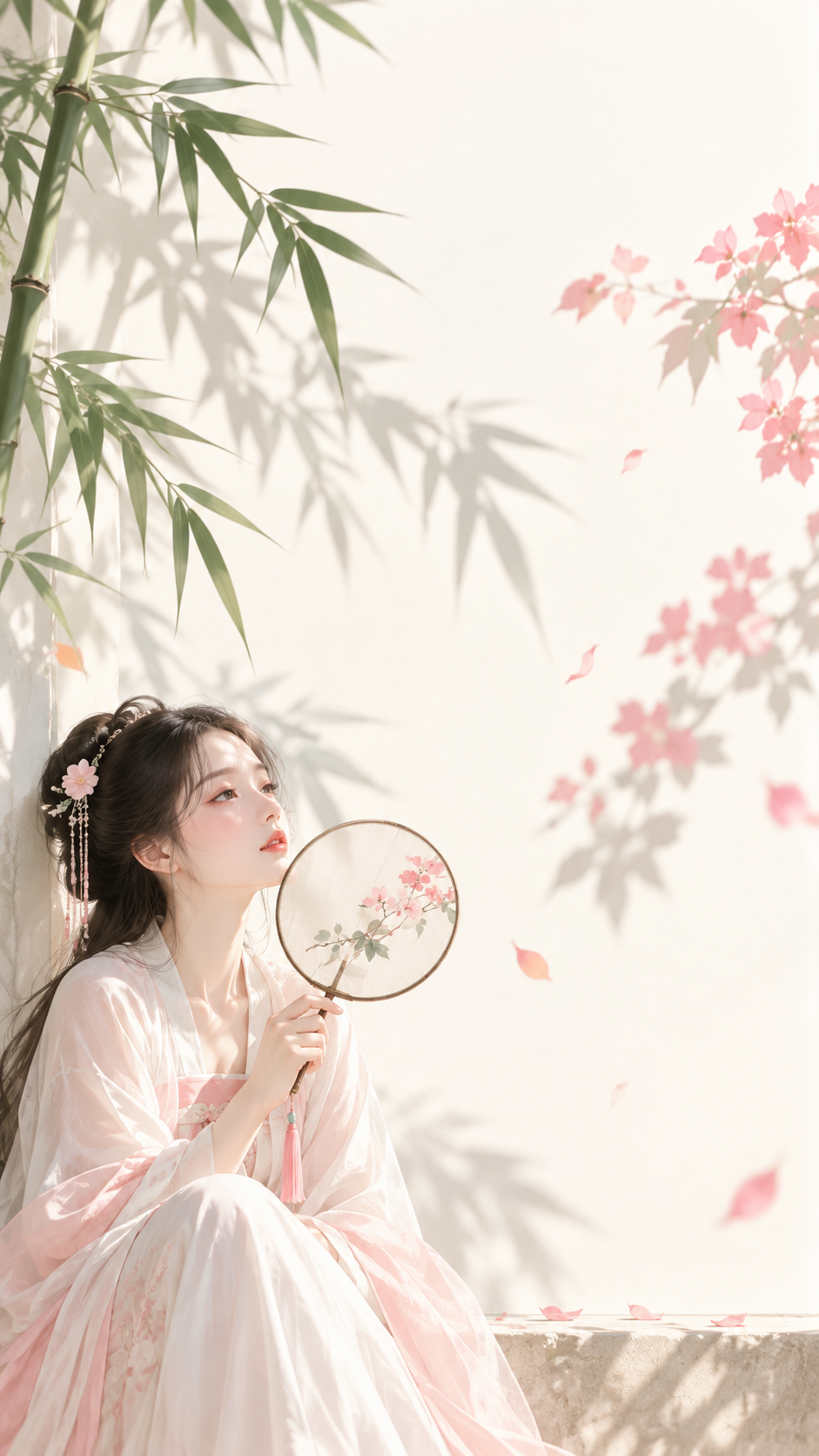 Illustration zen orientale d'un éventail rond avec ombres de bambou sur mur blanc