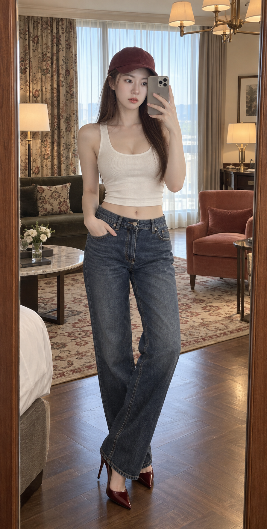 ヴィンテージモダンなホテル客室の全身鏡セルフィー大人ポートレート