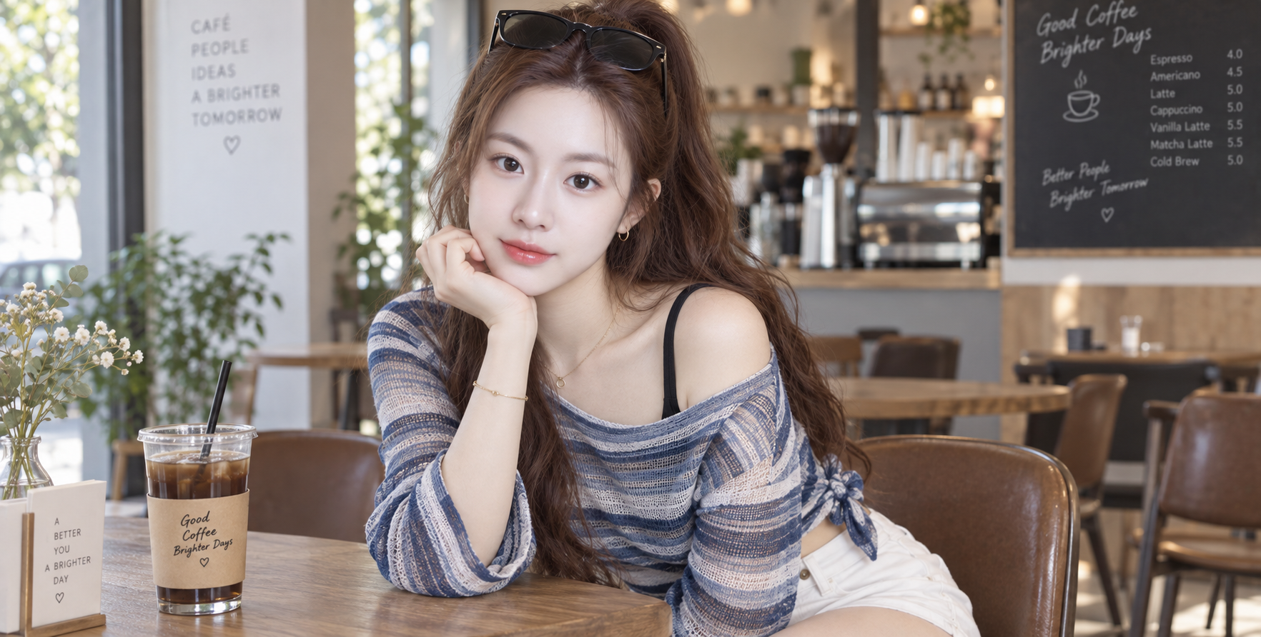Người đẹp Đông Á thời thượng trong quán cà phê hiện đại
