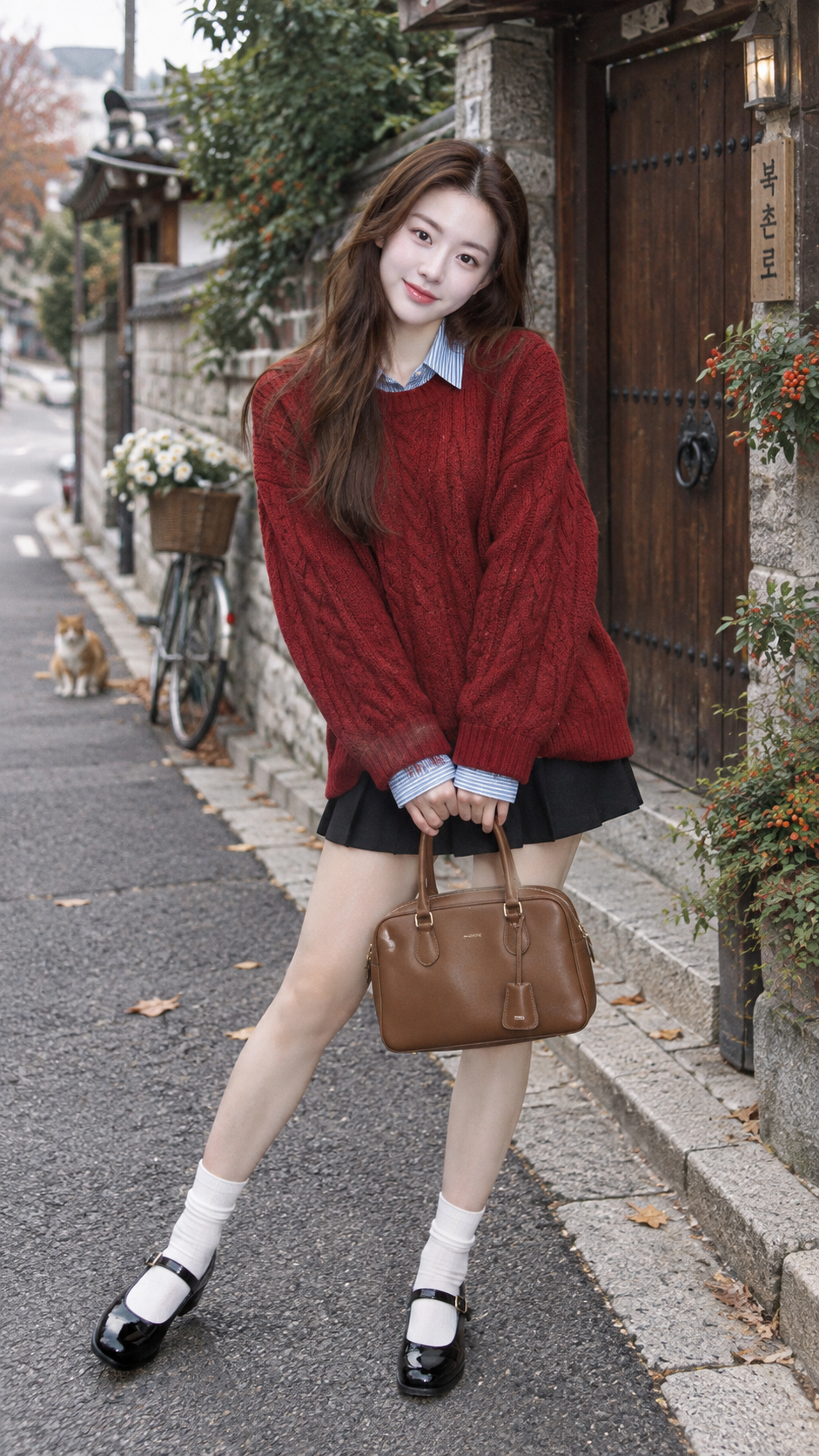 韓国の街角で深紅のケーブルニットを着こなす女性