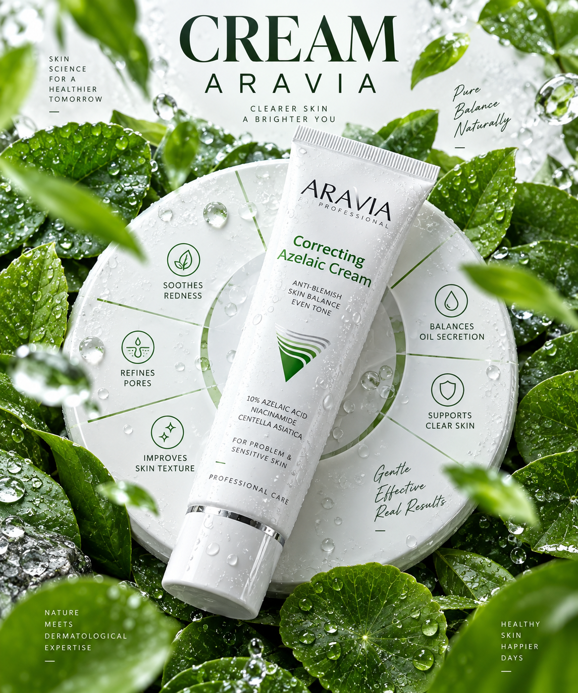 Photographie du produit crème ARAVIA dans des gouttes d'eau sur feuille verte
