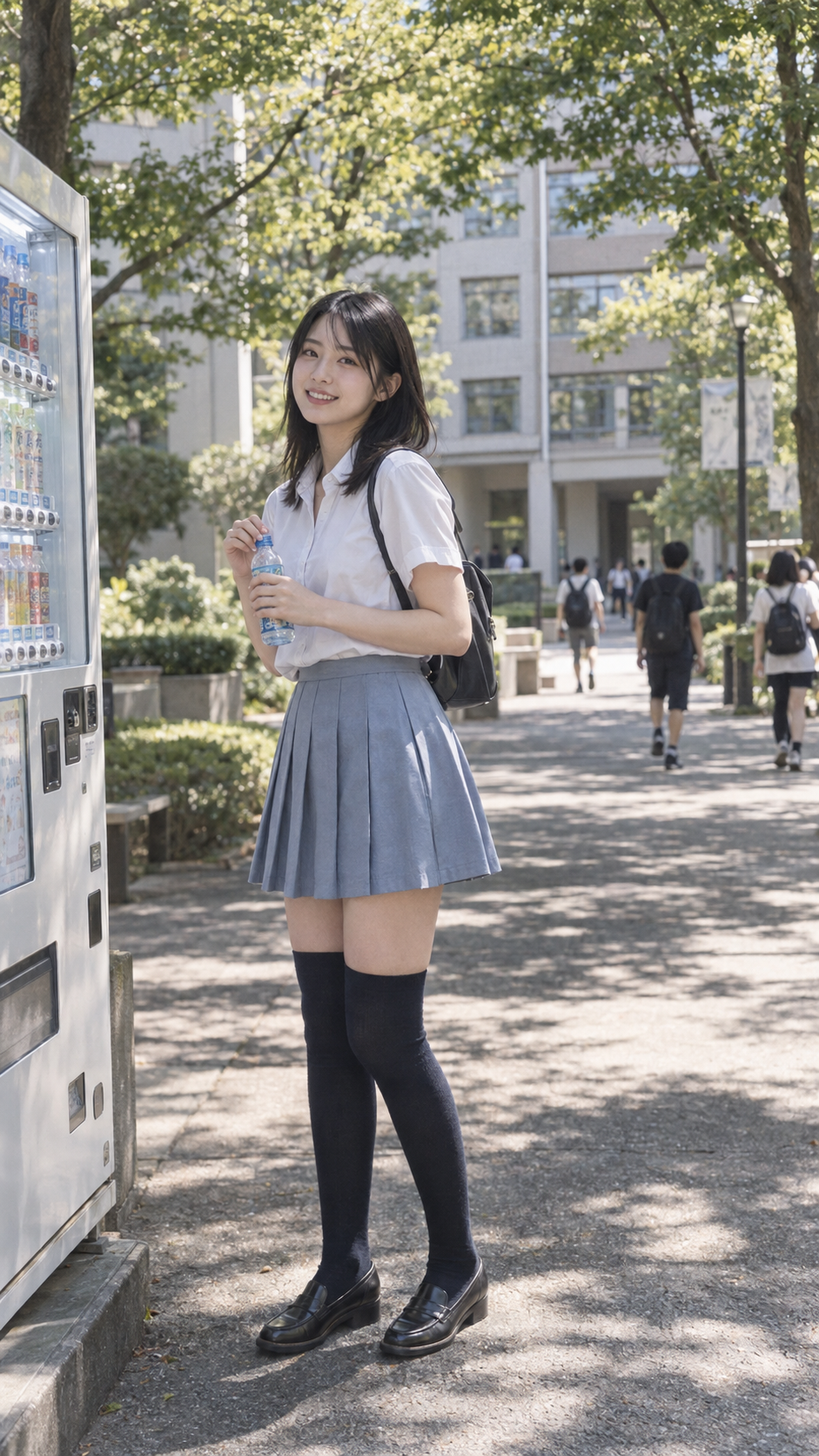 キャンパスの自動販売機の前での大人の夏のドキュメンタリーポートレート