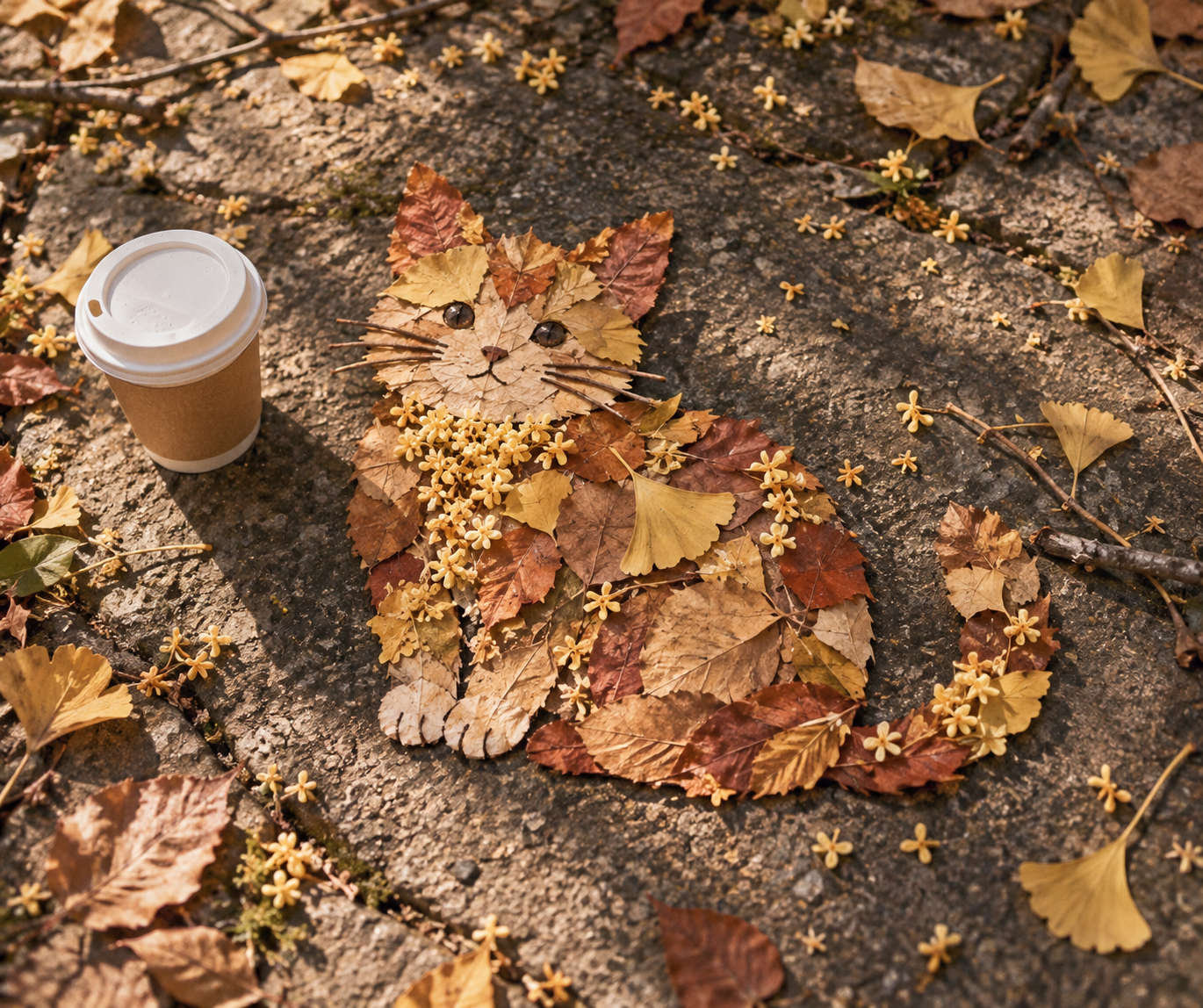 Un chaton et un café faits de feuilles d'automne