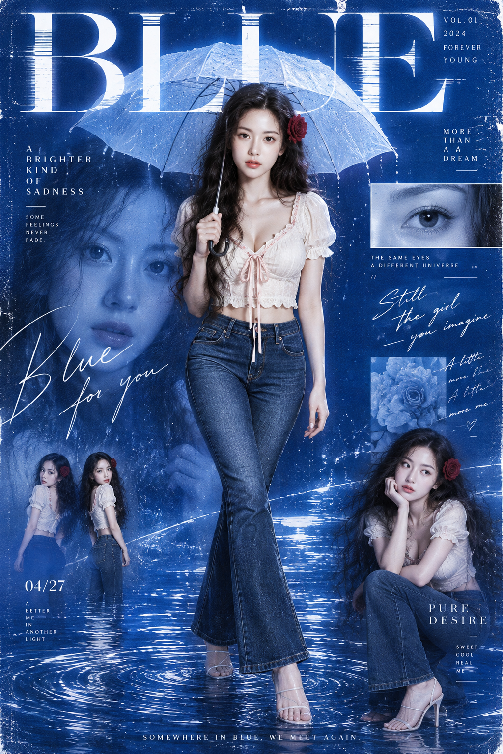 Affiche de magazine de mode bleu cobalt saturé : mise en page portrait sweet and cool