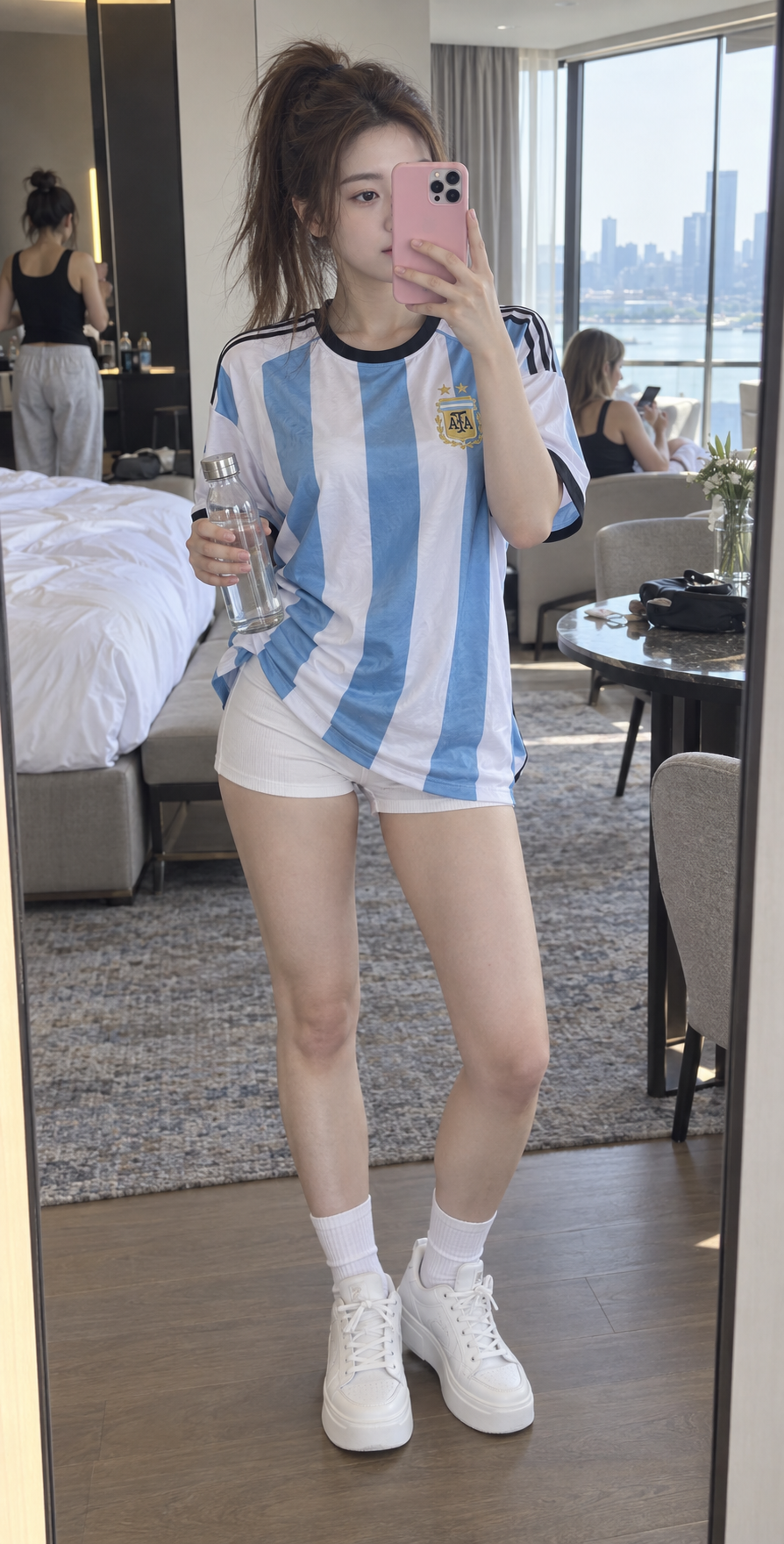 アルゼンチン風ユニフォームでホテルの鏡越し自撮り