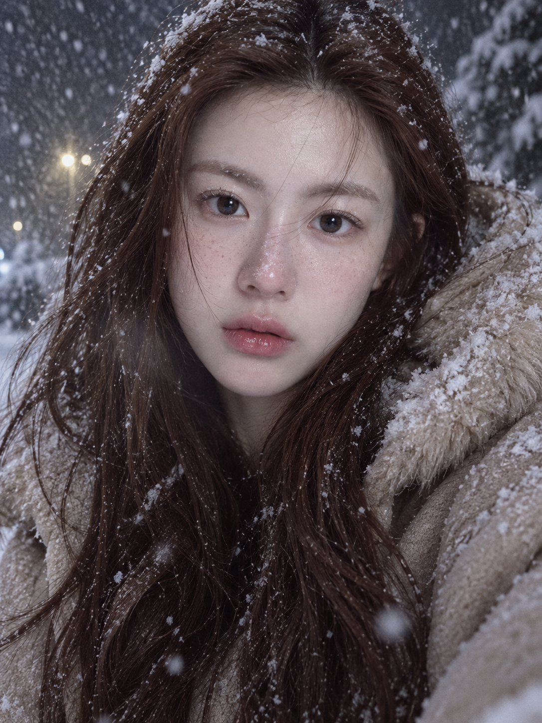 Une belle jeune fille européenne fixant l'objectif dans une nuit de neige — AI image creation