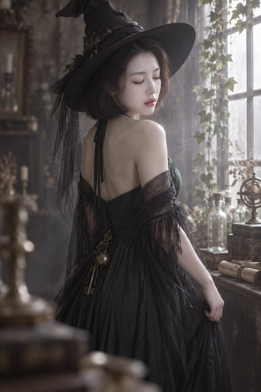 Portrait de sorcière vintage en lumière naturelle et brume douce
