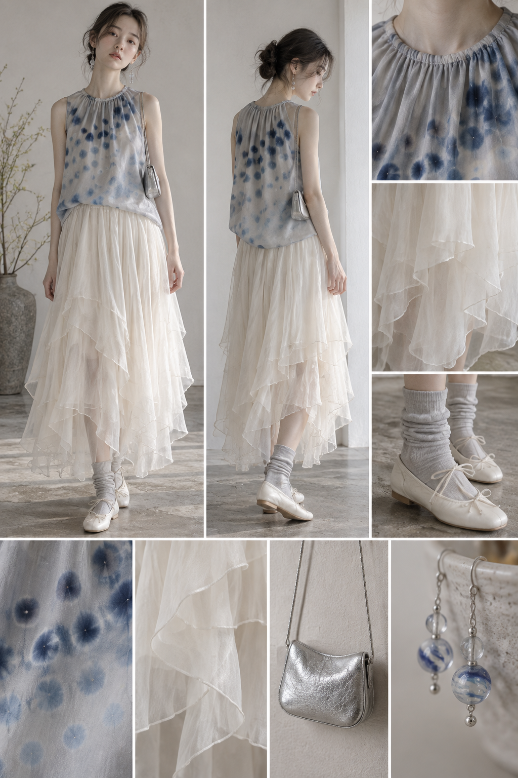 Haut en soie shibori gris brume et jupe en mousseline ivoire