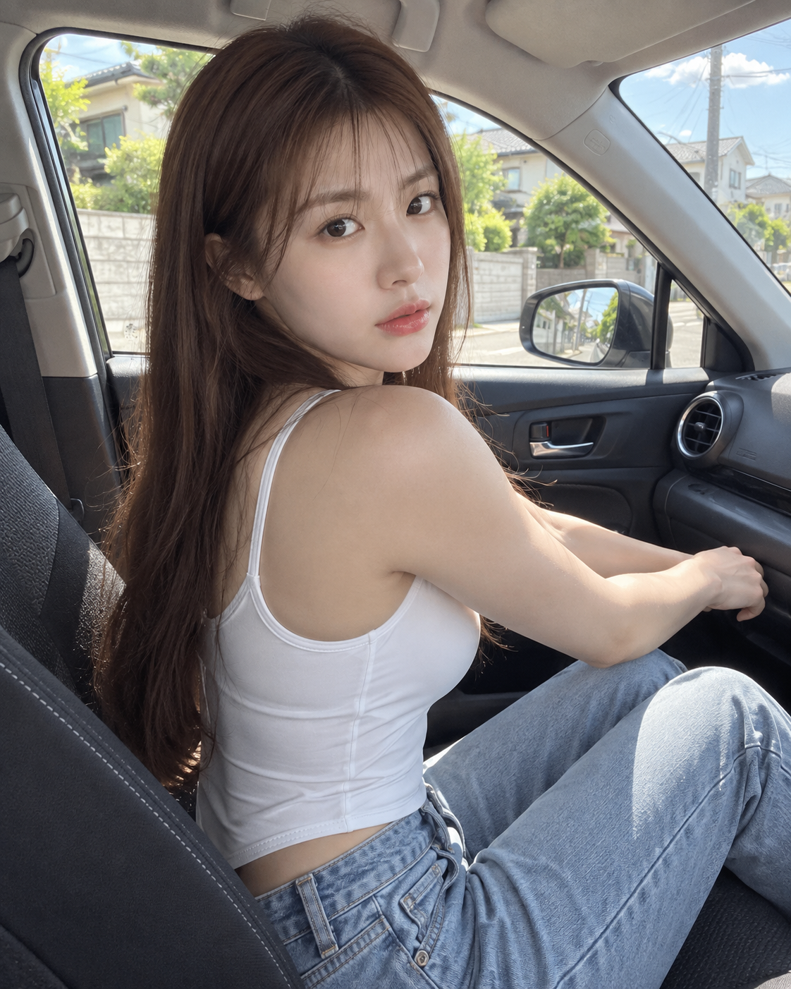 Portrait d'une femme adulte en bikini dos nu dans une voiture