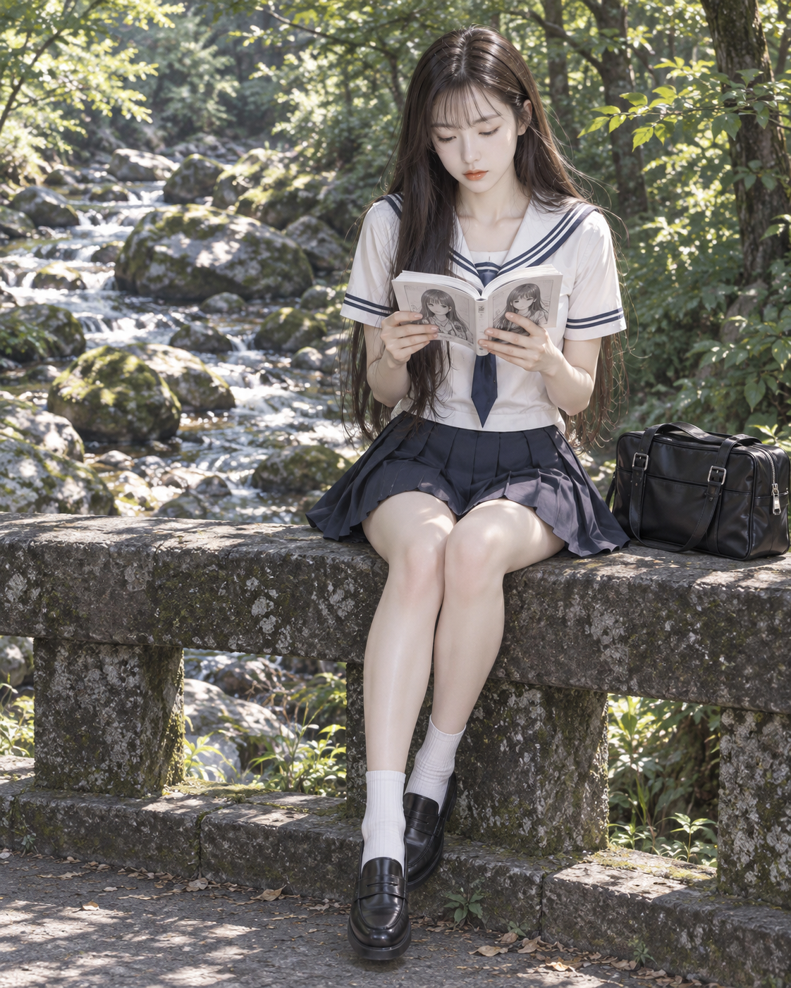超写実的な和風の森の小川と石橋で本を読む少女の写真