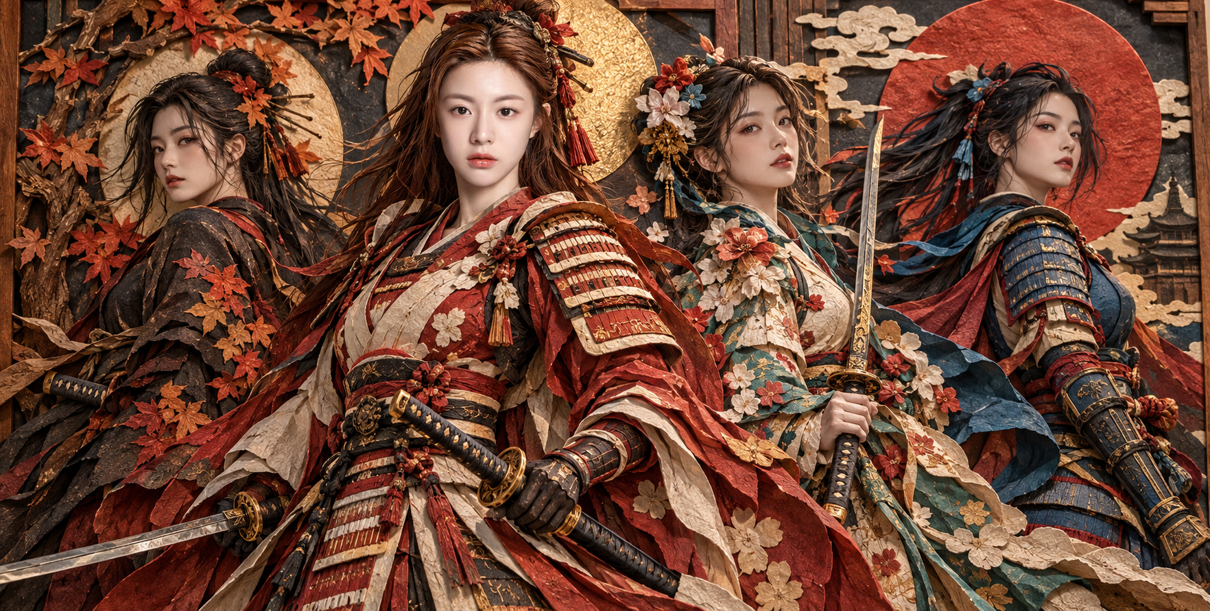 四人の女性武士の紙木レリーフ芸術群像