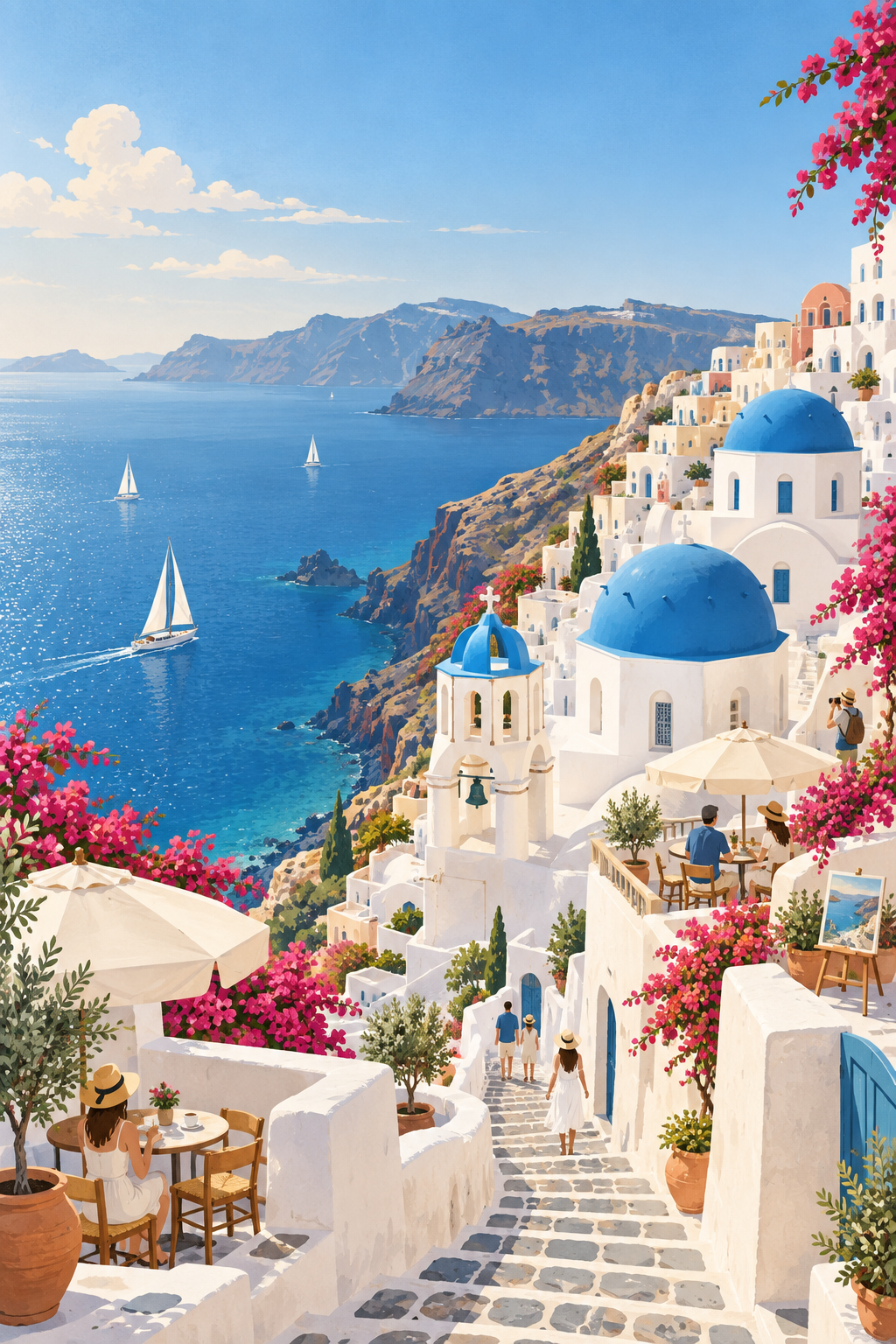 Élégante illustration vectorielle plate d'une ville perchée sur les falaises de Santorin — AI image creation