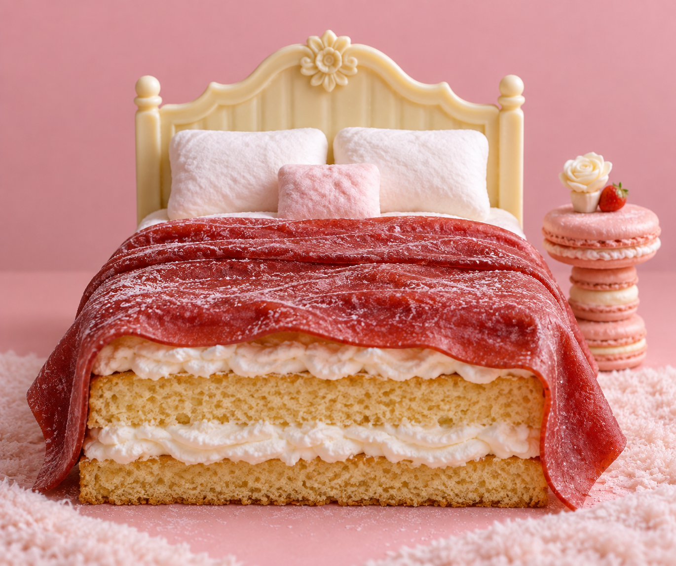 Scène de lit miniature en gâteau composée de desserts