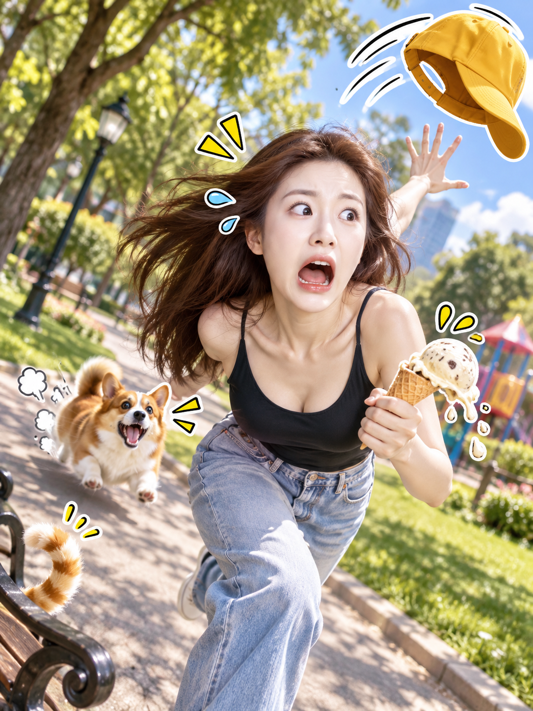 Chạy bộ năng động trong công viên đô thị với sticker 3D