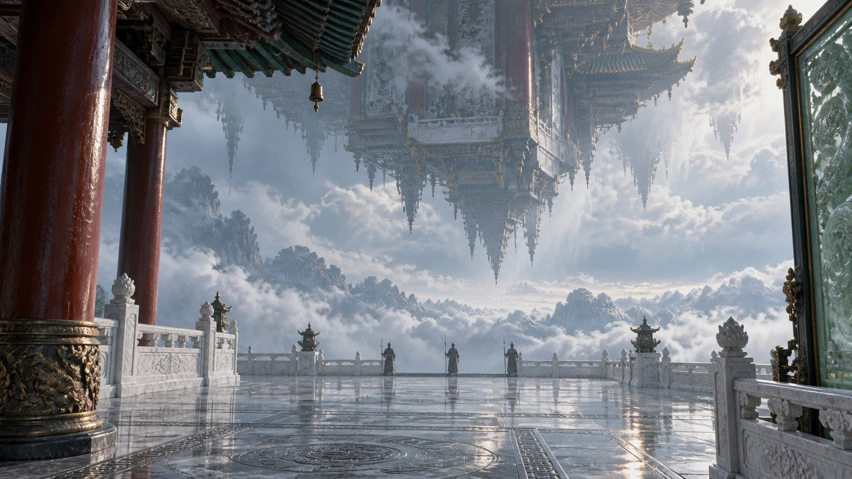 Palais céleste oriental inversé au-dessus d'une mer de nuages