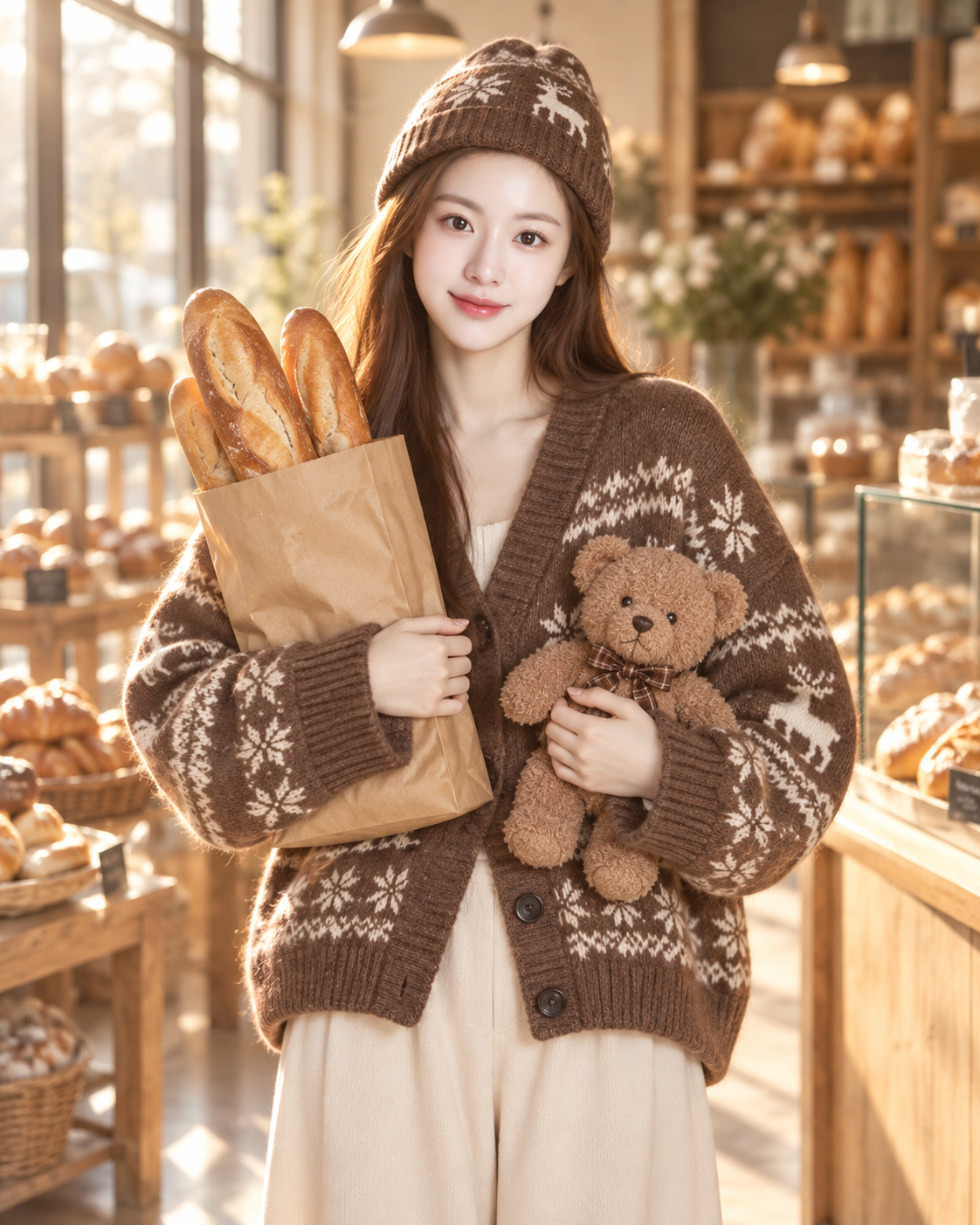 Jeune fille apaisante tenant une baguette dans une boulangerie au lever du jour