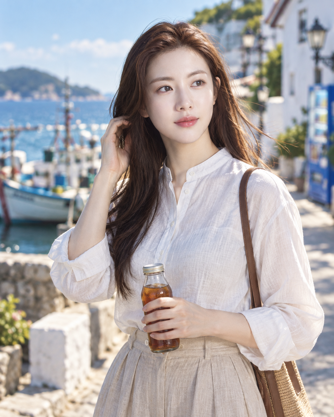 Realistic Portrait of an Adult Woman at a Summer Island Harbor
