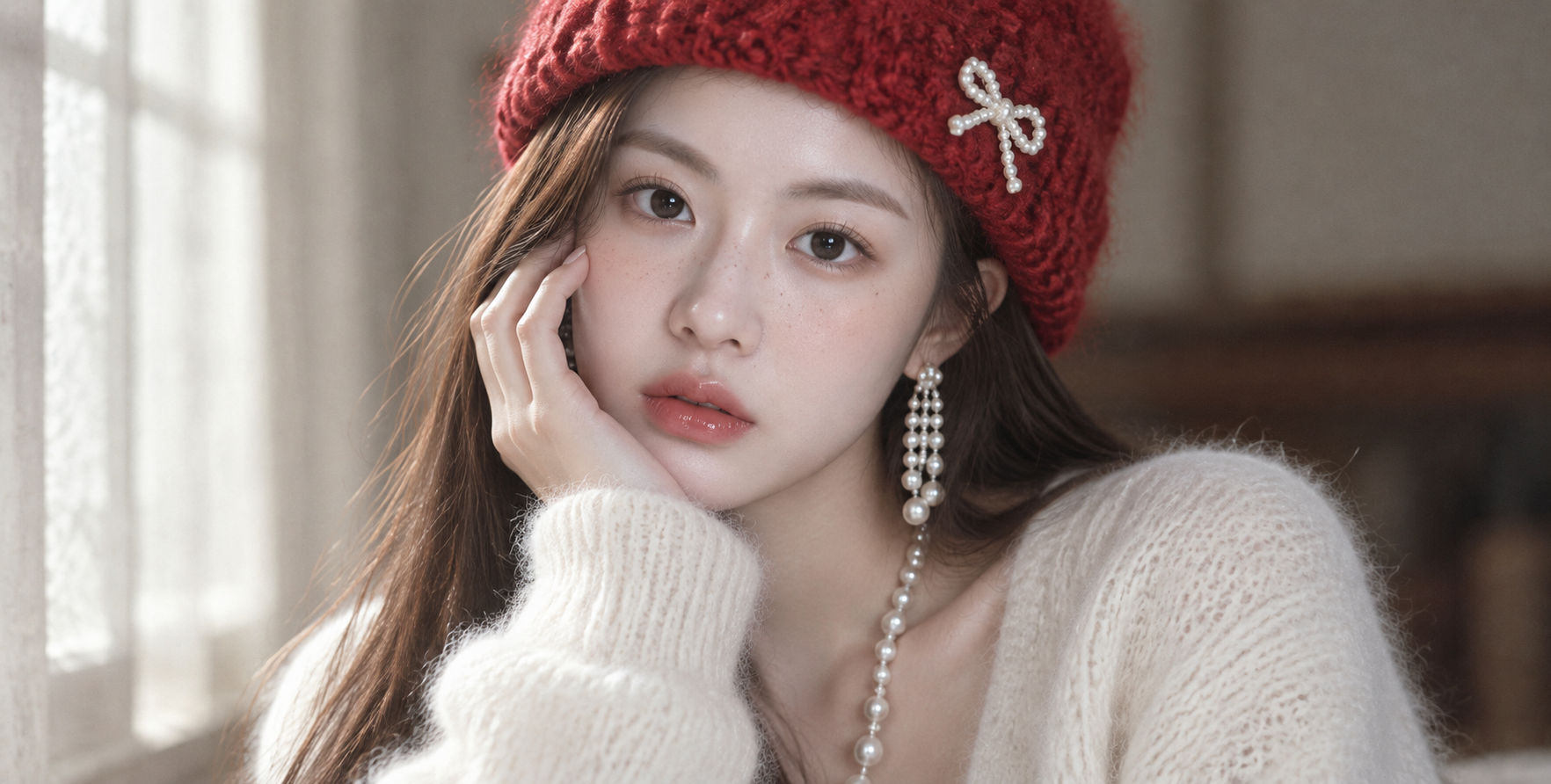 Portrait d'une idole taïwanaise adulte au chapeau rouge en crochet et accessoires de perles