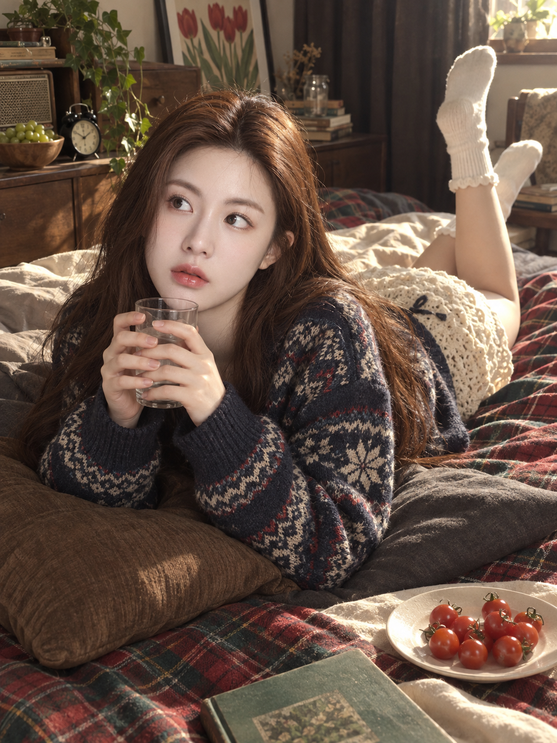Candid Realistic Shot of a Girl Lying in a Sunlit Bedroom