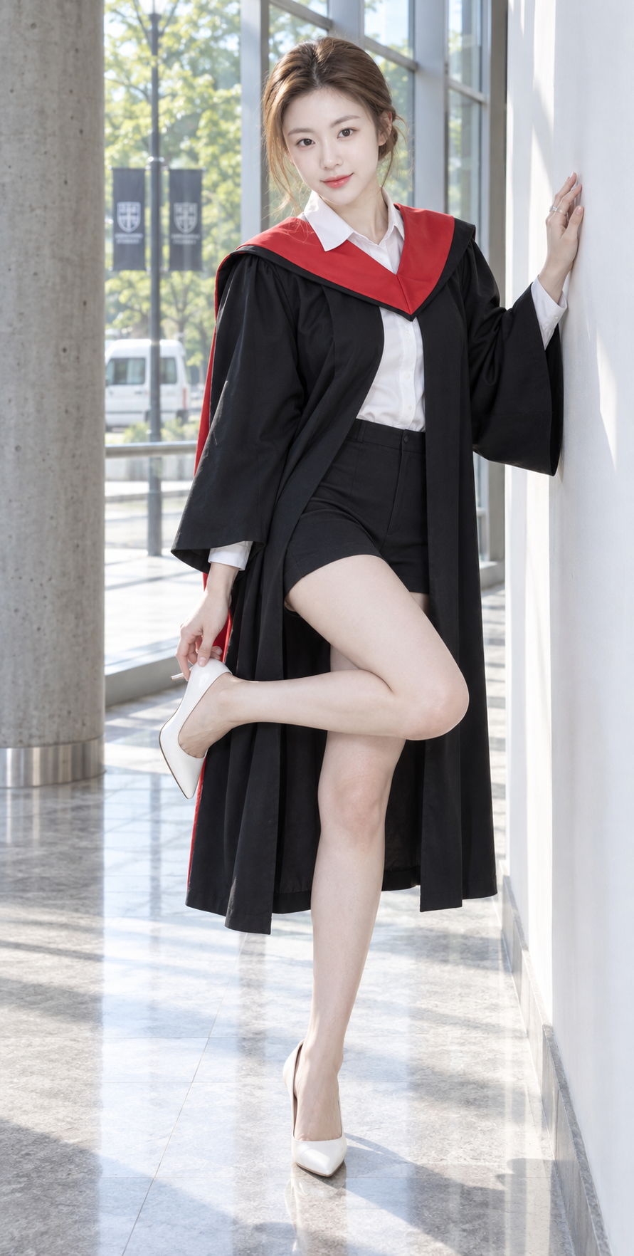 Portrait de diplômée est-asiatique dans un couloir moderne