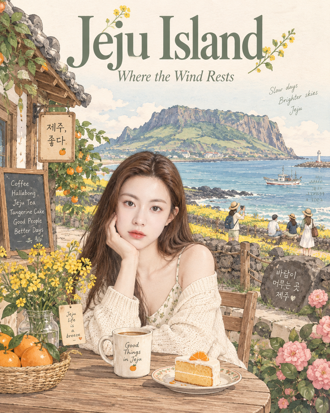 ミニマルで淡い韓国風旅行ポスターイラスト
