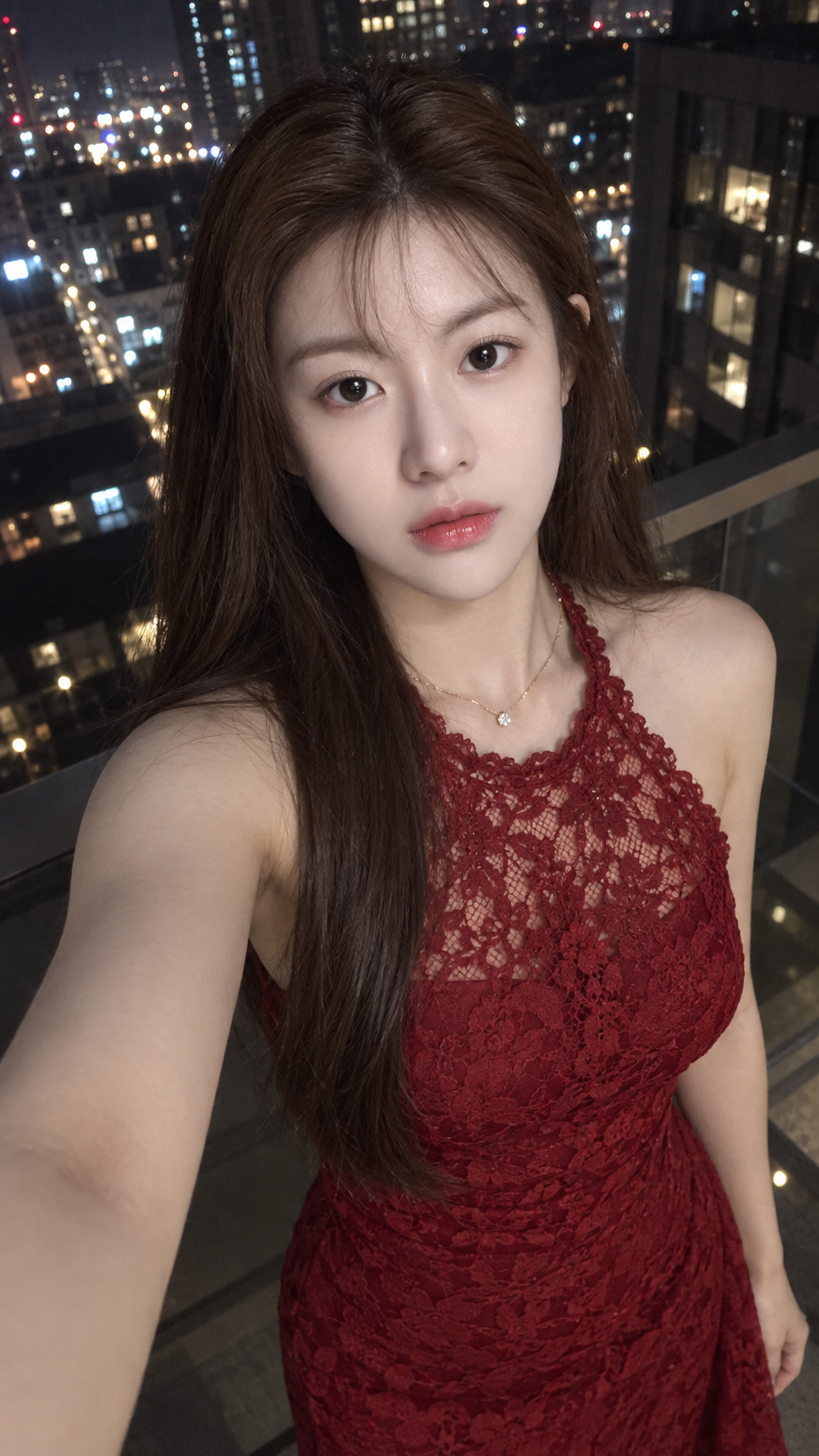 Selfie nocturne d'une femme adulte en dentelle cramoisie