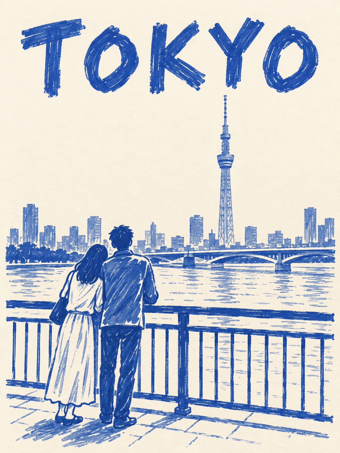 東京スカイツリー河畔のミニマルマーカー旅行ポスター