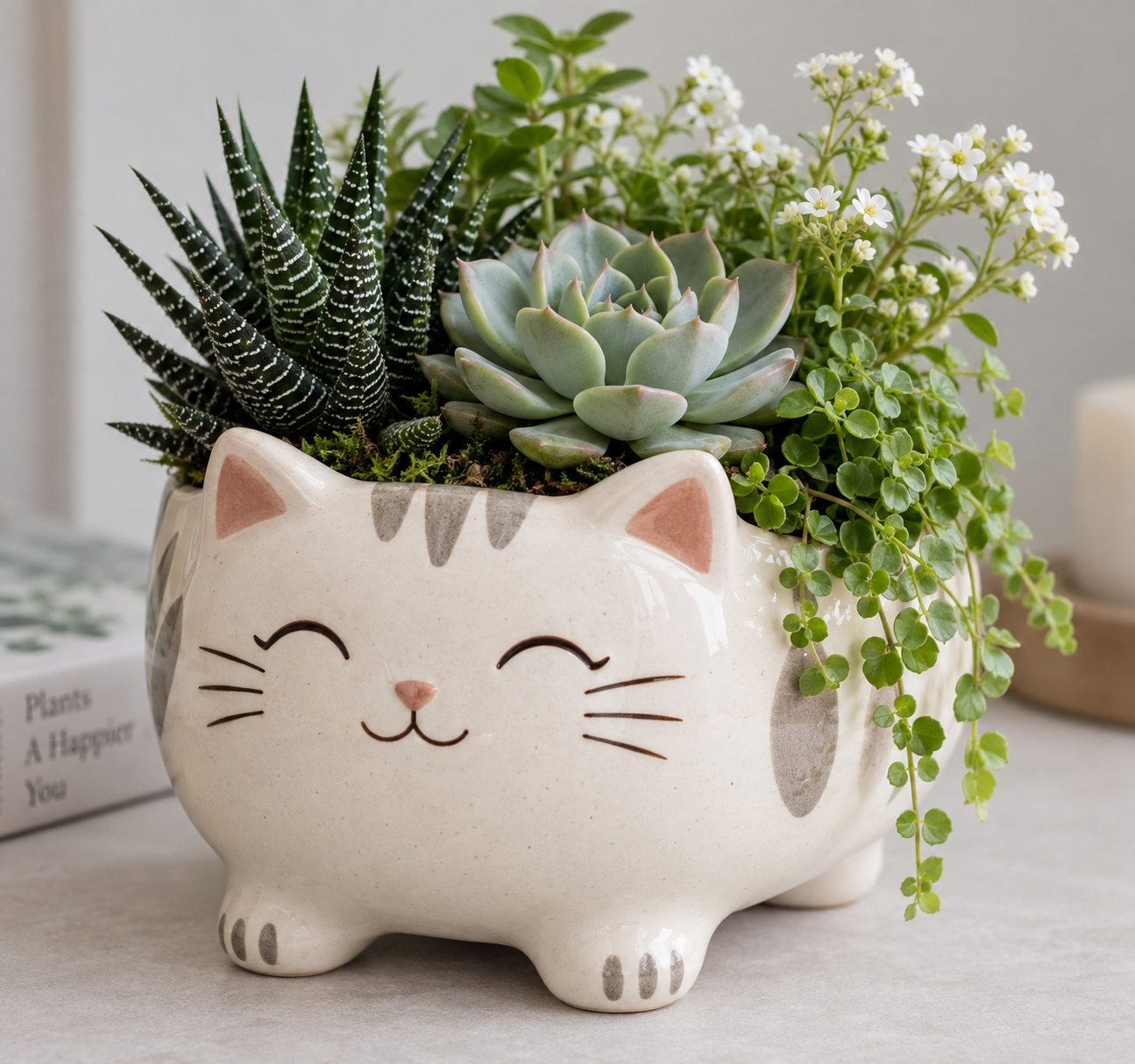 Photographie de pot en céramique pour succulentes en forme de chat