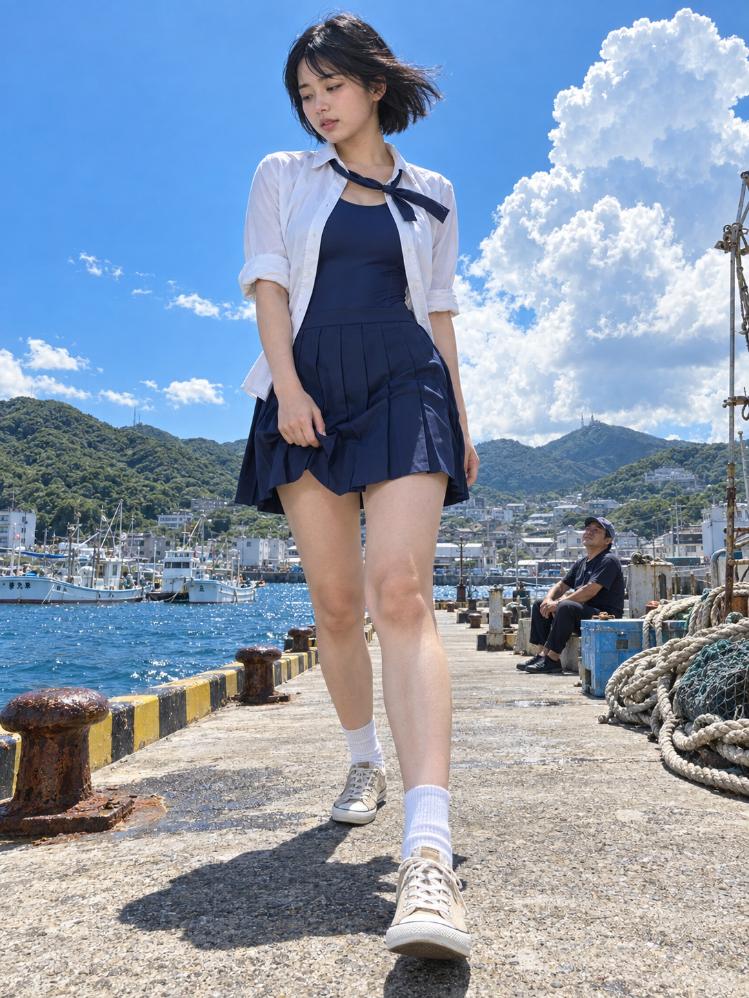 海风港口防波堤漫步女性写实