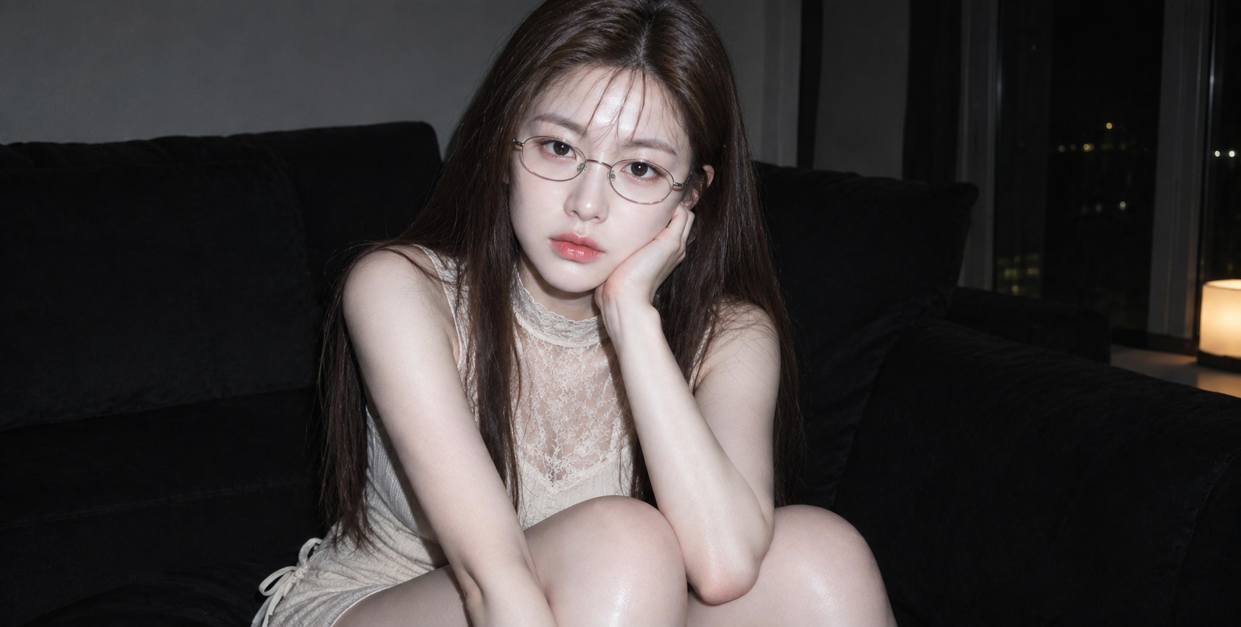 黑色沙发金属框眼镜少女深夜直闪快照