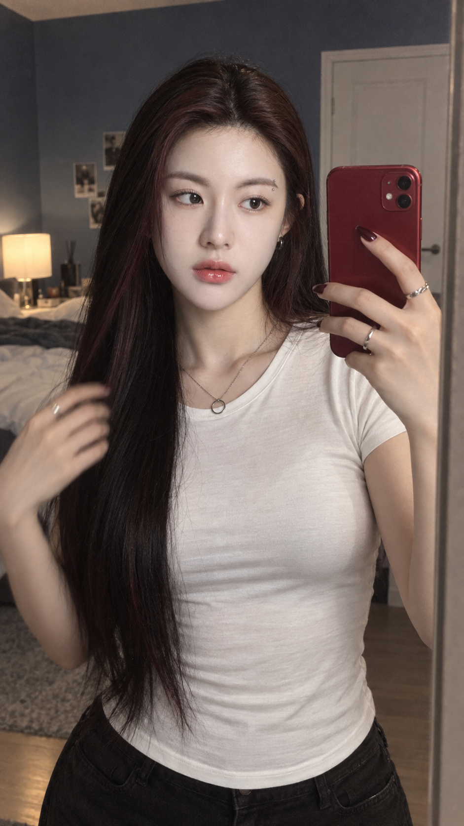 Autoportrait hyperréaliste dans un miroir d'une femme aux longs cheveux