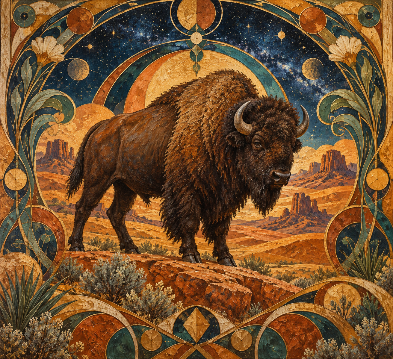 Peinture à l'huile d'un bison Art nouveau sous le ciel nocturne du désert