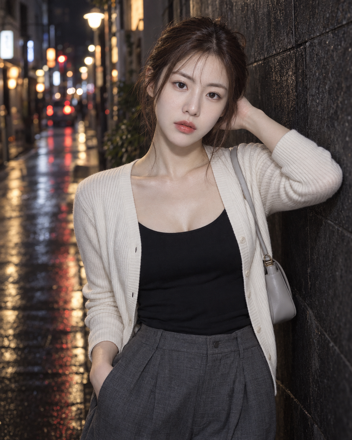 夜の路地に佇む大人の日本人女性ポートレート