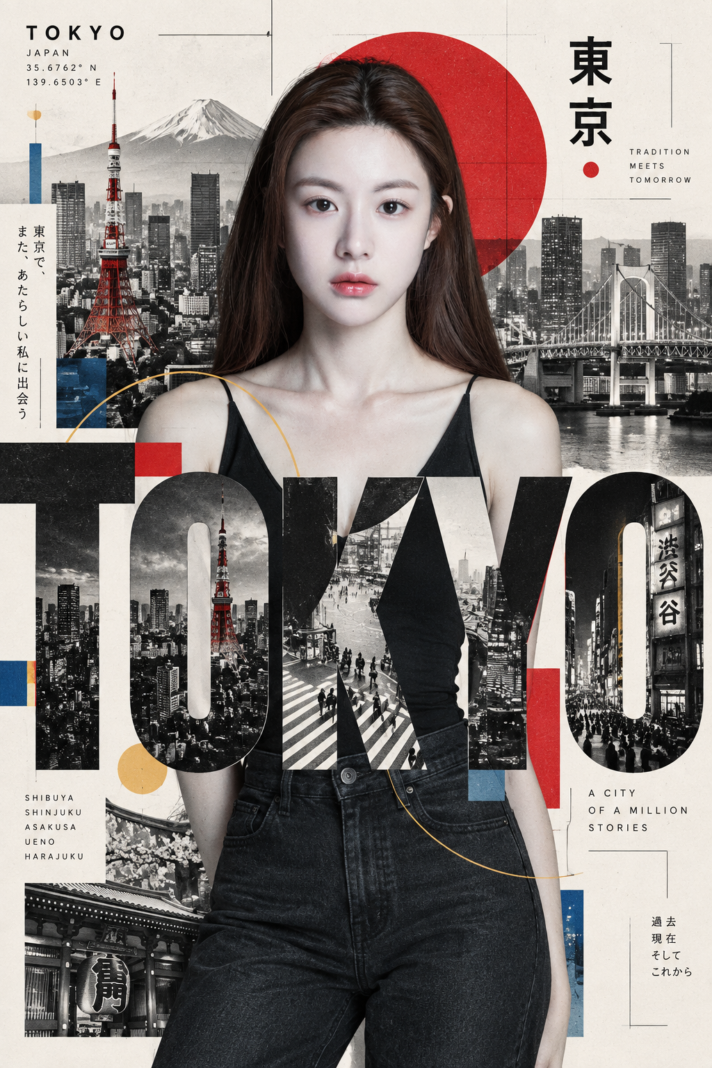 Affiche urbaine à grande typographie superposée, style éditorial