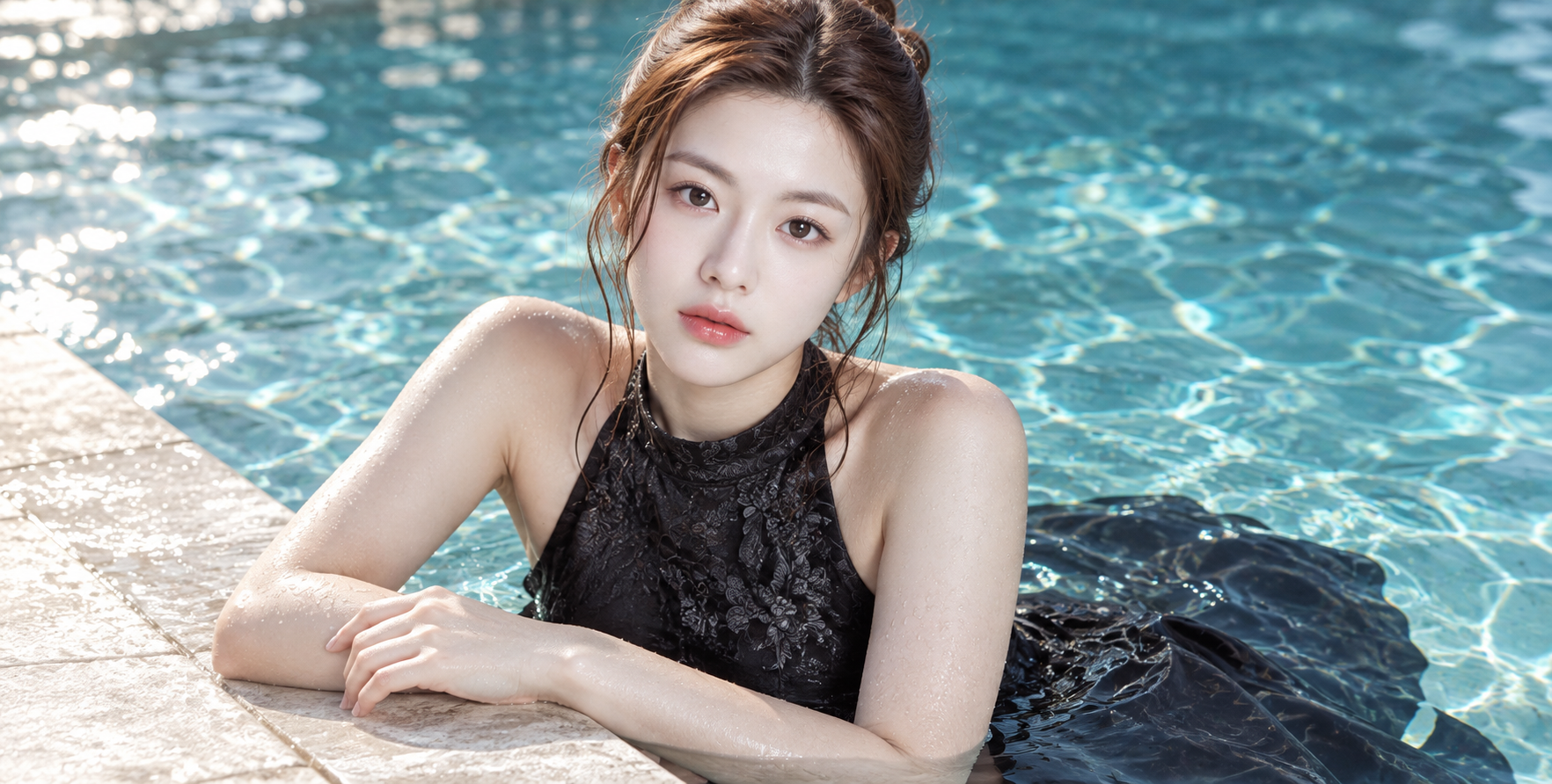Portrait de mode en noir d'une femme adulte au bord de la piscine