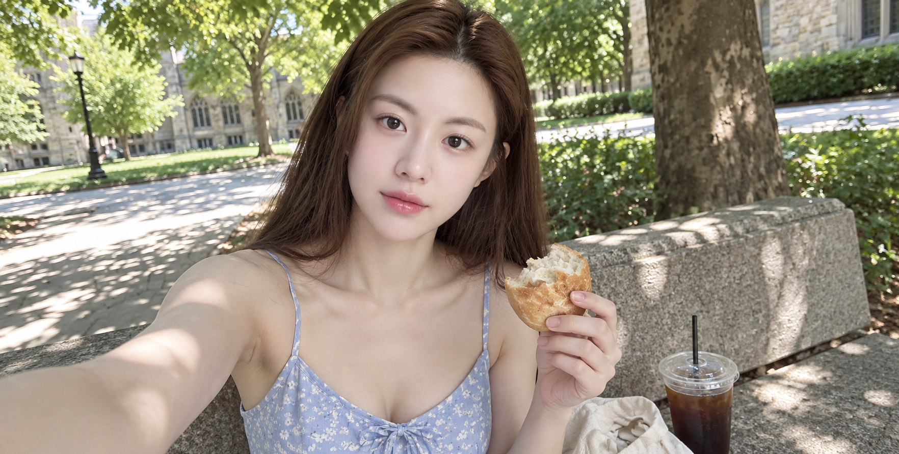 木陰で水色のキャミソールワンピースを着た女の子のキャンパス自撮り