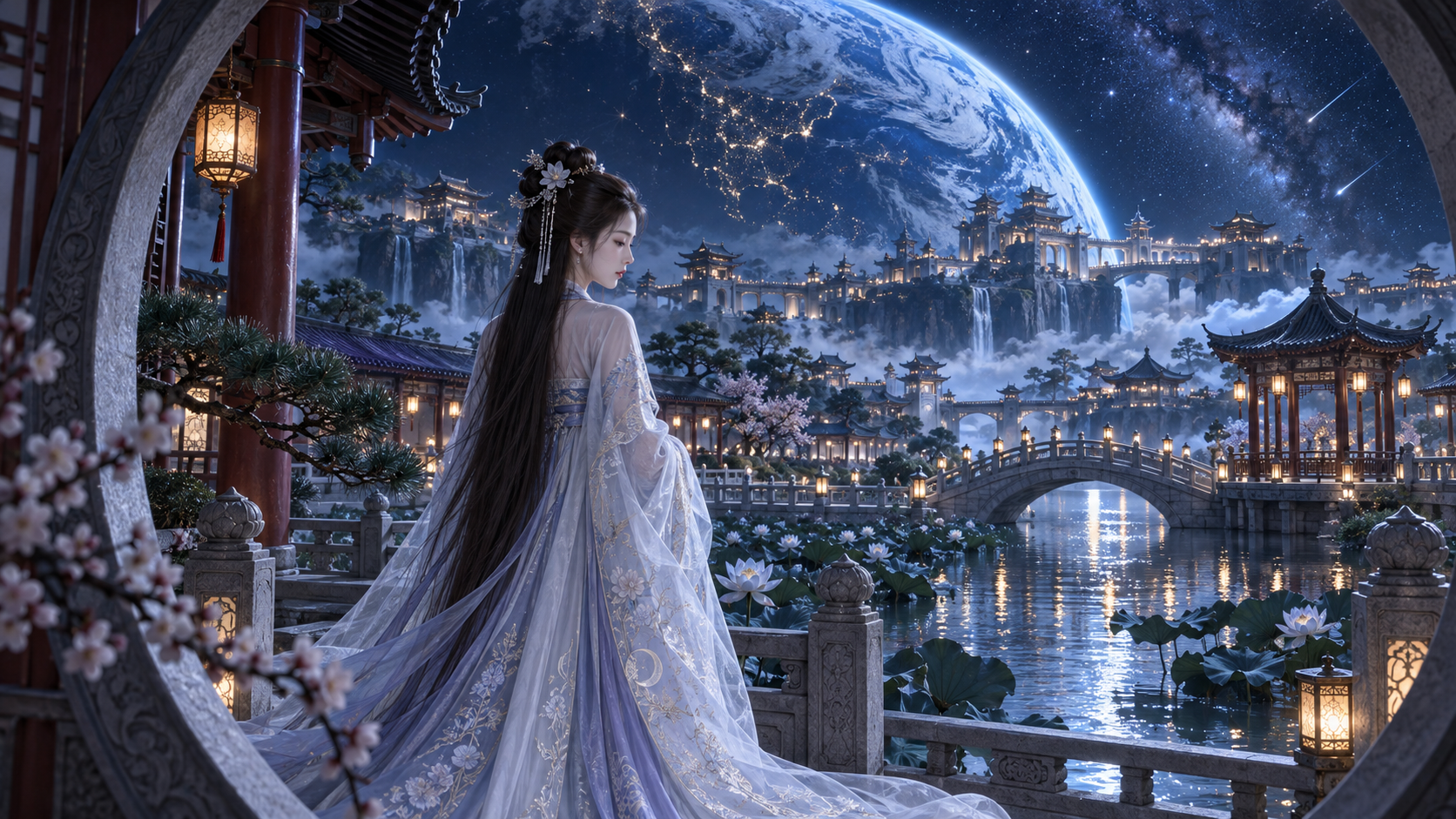 Đêm cảnh sen trì Thủy cung Thiên đình phương Đông nơi rìa vũ trụ