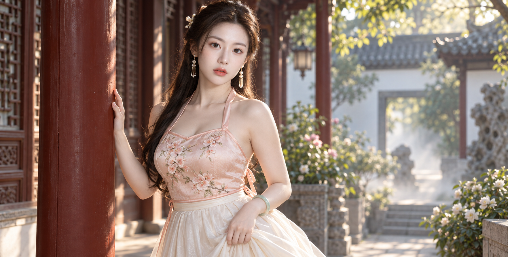 Neo-Chinese Courtyard Pink Silk Bodice Realistic Portrait of a Woman